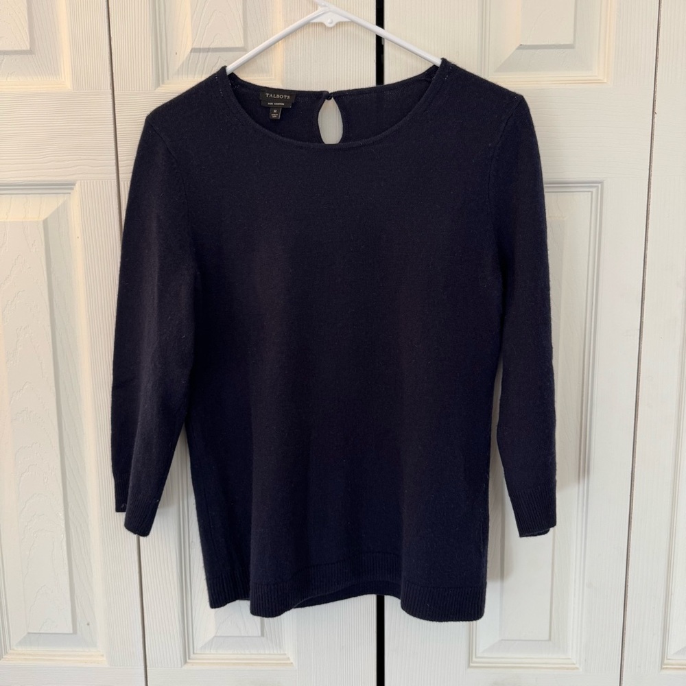 Talbots 3/4 Sleeve Cashmere Sweater, Back Keyhole, Navy, Size M - Picture 2 of 9
